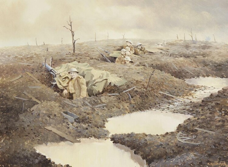 K. B. Hancock, British, early 20th Century - Waiting for Relief, 1993; oil on canvas, signed lower right 'K. B. Hancock', titled and dated 1993 to the reverse, 31 x 41 cm (ARR)