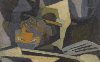 Kathe Strenitz, British 1923-2017 - Still life with a coffee pot, spatula and cut oranges; oil on canvas, 76.2 x 55.8 cm (unframed) Provenance: the Estate of the Artist