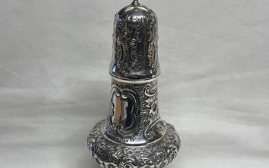 LARGE SILVER SUGAR CASTER WITH EMBOSSED DECORATION BY WILLIA...