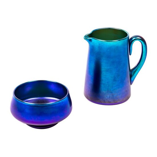 LC Tiffany Blue Favrile Glass Creamer & Sugar Bowl