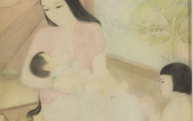 LE VAN BINH, XXe siècle Encre et couleur sur soie Représentant une femme tenant son...