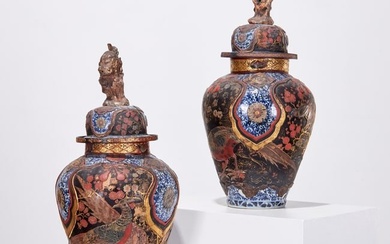 Large Arita lacquered porcelain vases & covers