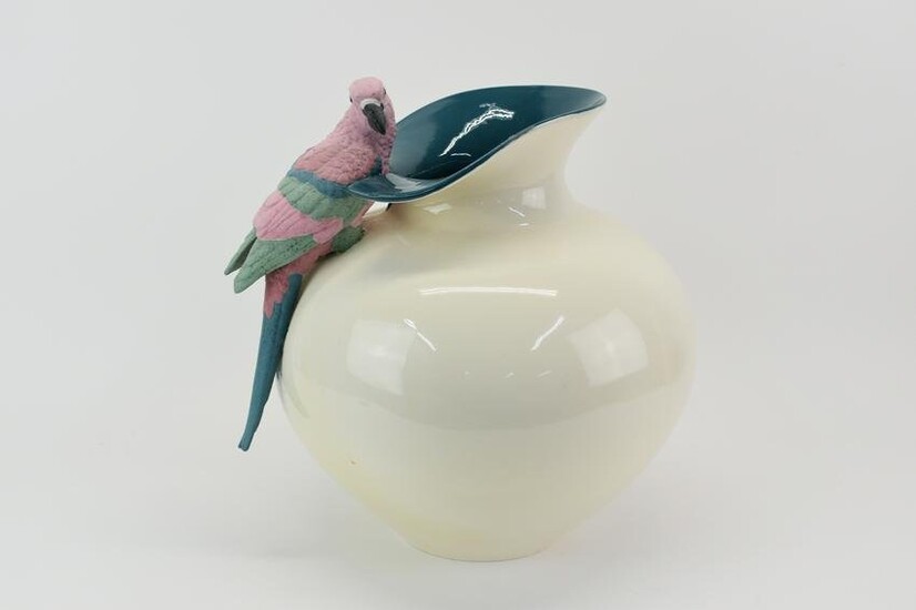 Large Painted and Glazed Ceramic Vase with Parrot