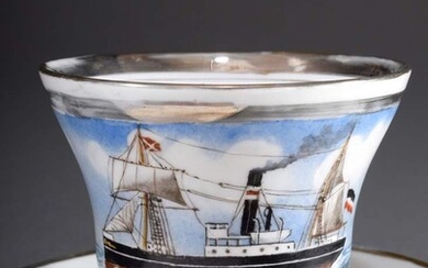 Late Biedermeier captain's cup with painted ship's portrait "Steamer Ajax", end of 19th c., h. 8cm, gold rim rubbed