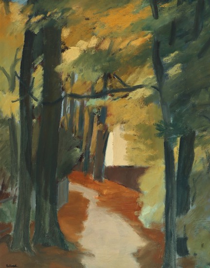 Leo Estvad: Landscape with path between trees. Signed Estvad. Oil on canvas. 91×72 cm.
