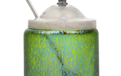 Loetz (Austrian), an iridescent Creta Papillon glass preserve pot with electroplated cover and spoon, c.1900, cover stamped EPNS and back to back ‘R’ in a shield, The cylindrical green glass vessel decorated with blue iridescent splashes, with...
