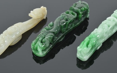 Lot of 3 Chinese jade carved belt buckles. 1) 19th