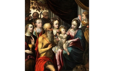Luigi Miradori, genannt „Genovesino“, 1600/10 – um 1656, zug., HEILIGE DES KARMELITERORDENS UND FÜRSTENPAAR IN ANBETUNG VOR MARIA MIT DEM KINDE