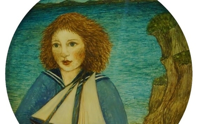 Lyndsay Cook, British school, late 20th/early 21st century- Yachting lady; oil on circular panel, bears label for Grants Fine Art Gallery, Newcastle to the reverse of the frame, tondo, dia. 12.3 cm (ARR)