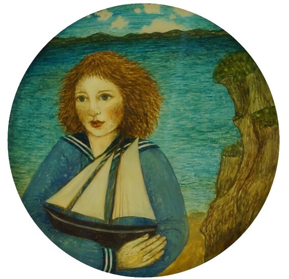 Lyndsay Cook, British school, late 20th/early 21st century- Yachting lady; oil on circular panel, bears label for Grants Fine Art Gallery, Newcastle to the reverse of the frame, tondo, dia. 12.3 cm (ARR)