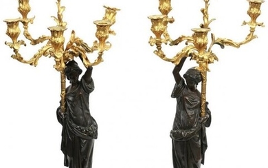 MAGNIFICENT PAIR OF GILT AND PATINATED BRONZE CANDELABR