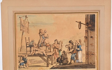 MANFREDI. Emilio. (Bologne 1745–1801). « Le charlatan ». Plume et encre noire, aquarelle. Porte en...