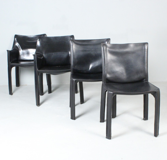MARIO BELLINI for CASSINA. Four chairs/dining room chairs, model '412 Cab' and '413 Cab', leather, Italy, 1970s.