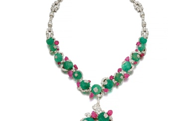 Mauboussin Emerald, ruby, enamel and diamond pendent necklace, circa 1929...