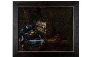 Meiffren Comte (1630 - 1705), Still life with casket, frame, shell, blue carpet and pomegranate