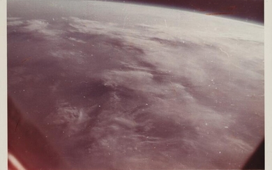 [Mercury Atlas 6] First human-taken photograph from space: Earth horizon and black...