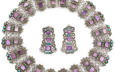 Mexican Amethyst, Turquoise, Sterling Silver Jewelry Suite