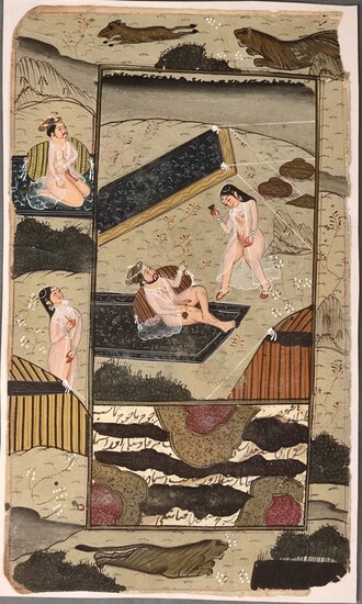Miniature painting with erotic scenes outdoors, tigers above and below, inscribed on the reverse, g