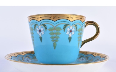 Minton cup and saucer with turquoise ground with raised whit...