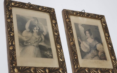 Mixed lot of 2 small steel engravings "portraits of ladies",...
