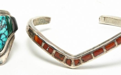 NATIVE AMERICAN STERLING RING (KIRK) AND BANGLE.
