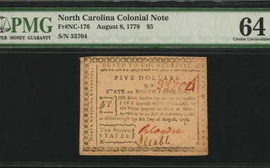 NC-176. North Carolina. August 8, 1778. $5. PMG Choice Uncirculated 64 EPQ.