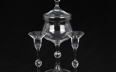 NILS LANDBERG. Cup and candlesticks, 3 pieces, faceted glass, label marked, Orrefors Sweden.