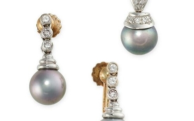 NO RESERVE - A PEARL AND DIAMOND PENDANT AND EARRINGS
