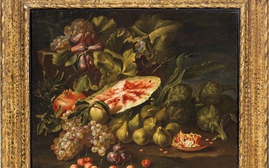 Scuola romana del XVII secolo, Natura morta con cocomero, fiori e carciofi