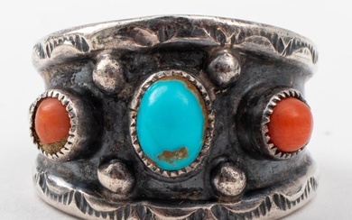 Navajo Silver, Turquoise, & Coral Ring