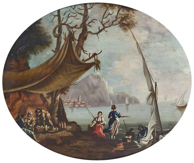 Neapolitan School, late 18th/early 19th Century- Italian mountainous coastal scenes with figures in the foreground; oils on panel, oval, each 25 x 35 cm, a pair (2). Provenance: Private Collection, UK.