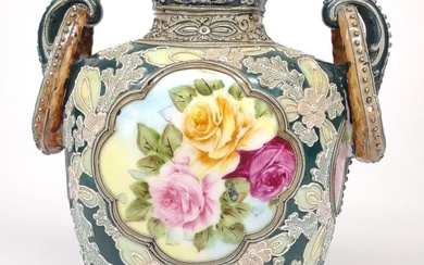 Nippon Moriage Floral Rose Ring Handled Vase