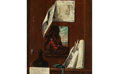 Norditalienischer Maler des 17. Jahrhunderts, TROMPE L'OEIL MIT GEMÄLDE UND GRAFIKEN