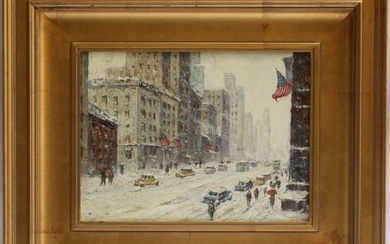 O/B PAINTING OF NYC STREETSCAPE IN WINTER SCHOOL OF GUY WIGGINS