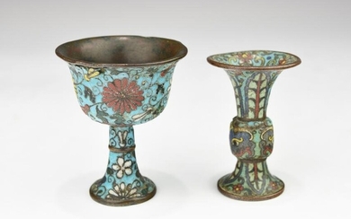 ONE MING DYNASTY CLOISONNE STEM CUP AND A LATER GU VASE
