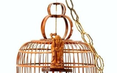 Old Chinese Bamboo Bird Cage On 3 Feet