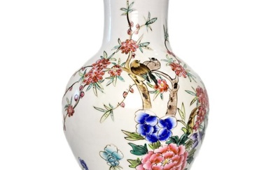 Old Chinese Signed Famille Rose 14in Vase 4 Character Mark Enamel Porcelain Birds Flowers Verte
