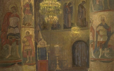 Olga Belokovskaya, Russian b.1963- Intérieur d’église orthodoxe, 1991; oil on canvas, signed with initials, bears inscription on the reverse, 70x81cm