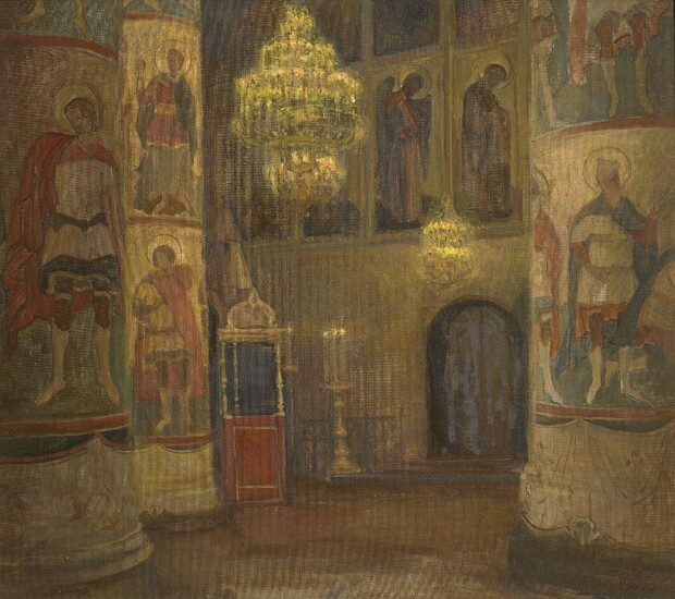 Olga Belokovskaya, Russian b.1963- Intérieur d’église orthodoxe, 1991; oil on canvas, signed with initials, bears inscription on the reverse, 70x81cm