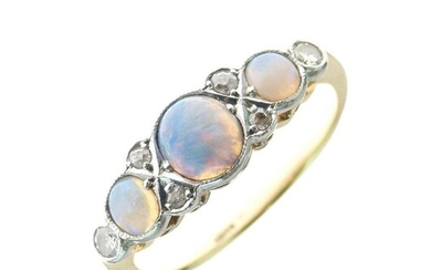 Opal and diamond ring, stamped '18ct', the three graduated...