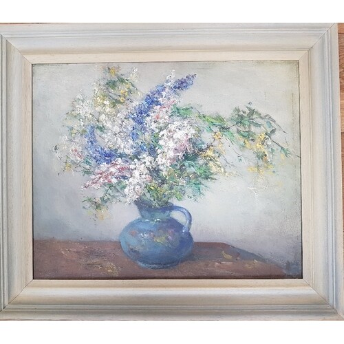 Original framed Still Life Oil titled "Flowers in a Blue Jug...