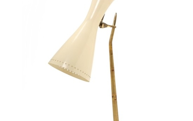 Oscar Torlasco, in the style of: Brass table lamp, adjustable shade of white lacquered metal with pierced pattern. H. 56.