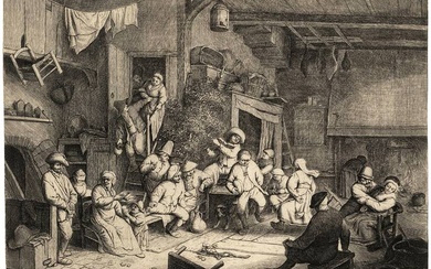 Ostade, Adriaen van (1610-1685). Peasants feasting at an inn. Etching,...