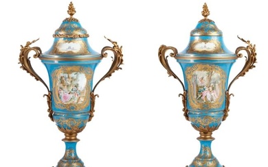 PAIR (19th c) FRENCH SEVRES-STYLE PORCELAIN URNS