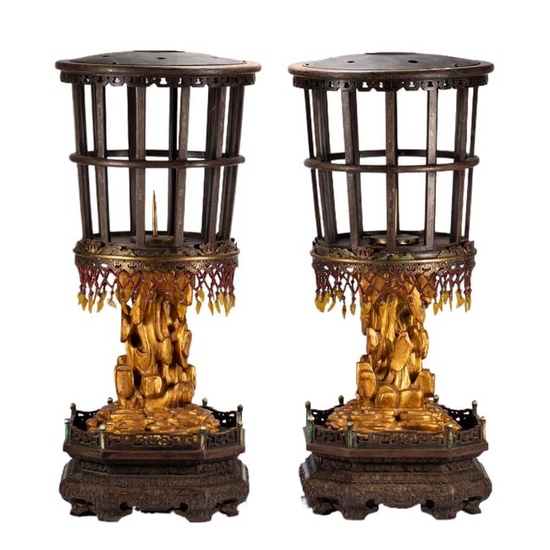 PAIR IMPERIAL SILVER INLAID BRONZE LAMP HOLDERS