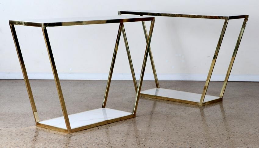 PAIR ITALIAN BRASS CONSOLE TABLES MARBLE TOP
