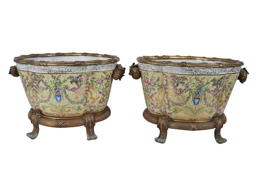 PAIR OF BRONZE-MOUNTED OVAL PORCELAIN PLANTERS