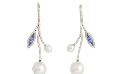 PASPALEY, PAIR OF PLATINUM, SOUTH SEA PEARL, TANZANITE AND DIAMOND 'MARQUISE' EARRINGS