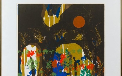 PEGGY G. ZEE, United States, 20th Century, "The Land Below"., Serigraph on paper, 18.5" x 20" sight. Framed 27.5" x 28".