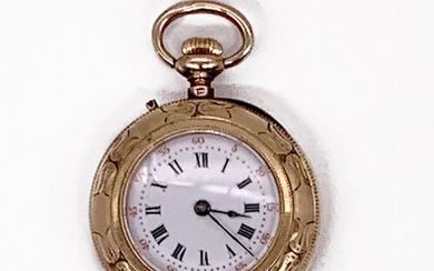 POCKET WATCH in pink gold, white enamel dial with black painted Roman numeral markers for the hours, railway and Arabic numerals for the minutes. Diameter: 2 cm. Gross weight: 22.90 gr. A rose gold pocket watch